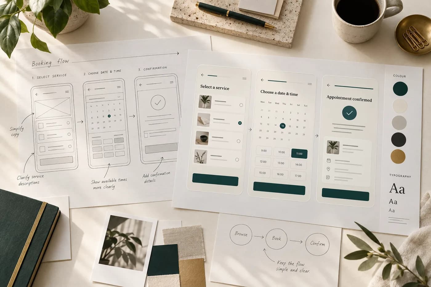 Illustrative design board showing wireframes and refined booking screens