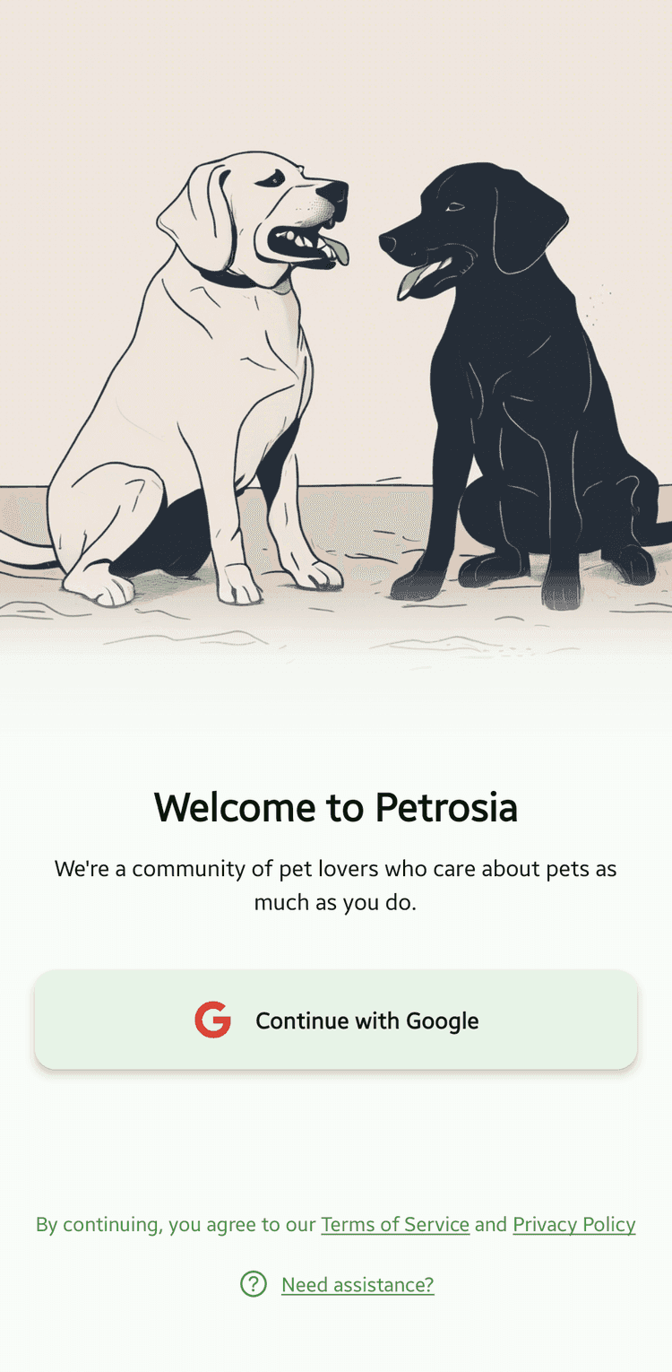 Petrosia sign-in screen with Google login and linked terms of service and privacy policy