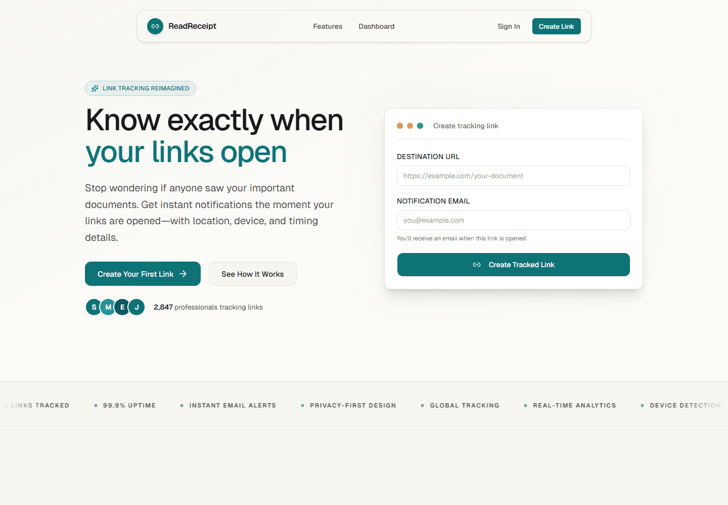 ReadReceipt product interface for creating a tracked link and receiving an email when it is opened